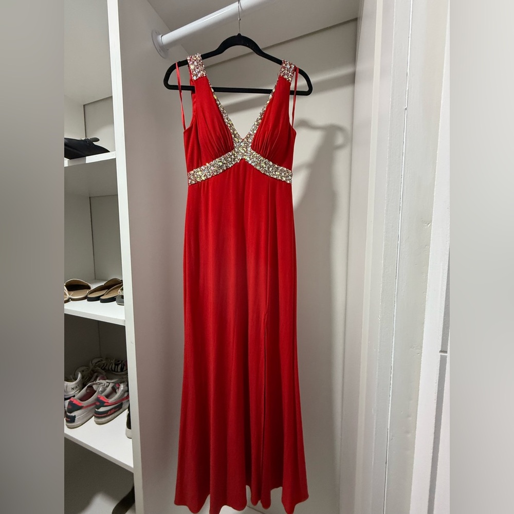 Betsy & adam red dress gown